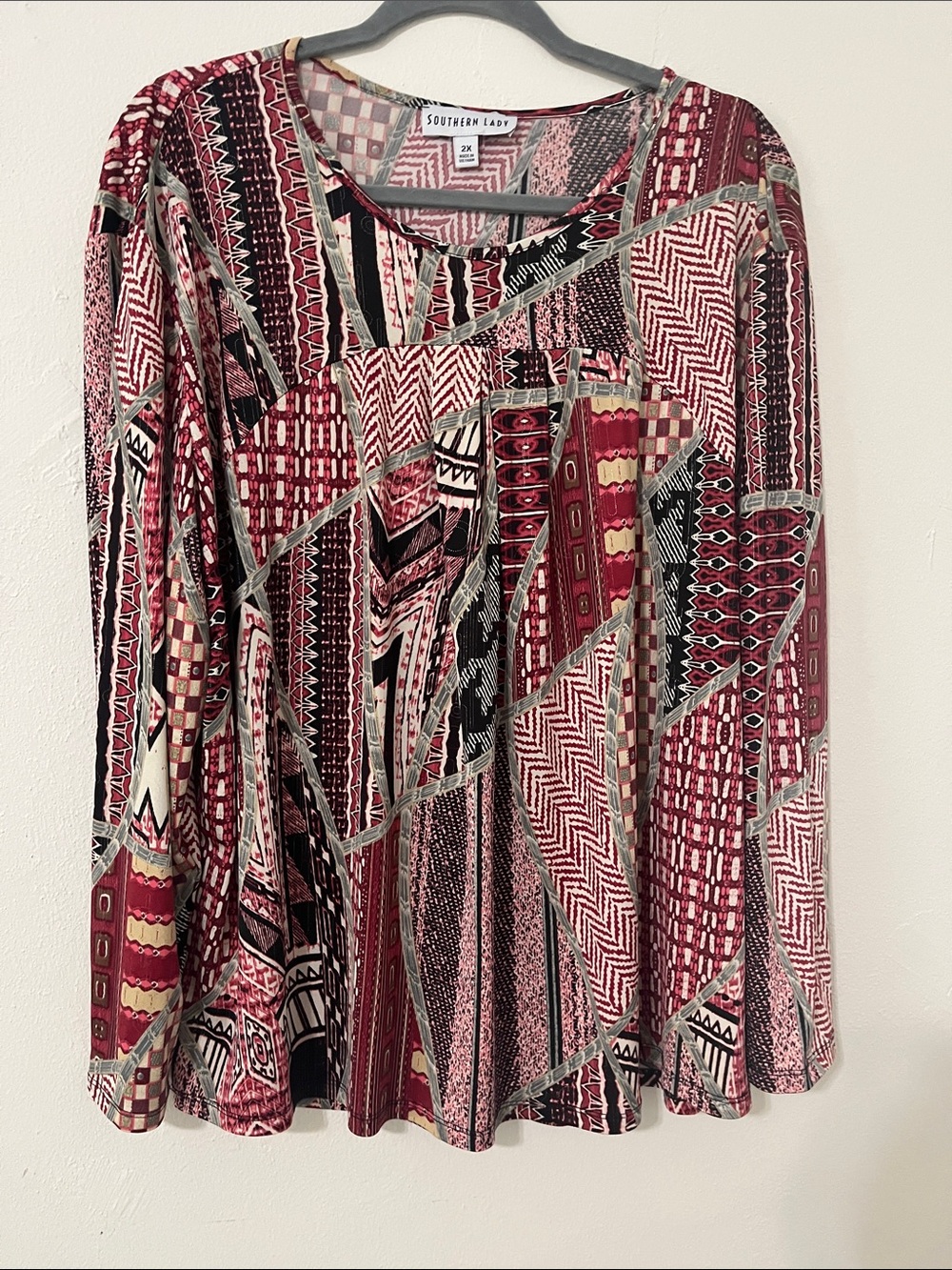 Southern Lady Burgundy, Black & Cream Geometric Mixed Print Long Sleeve Top